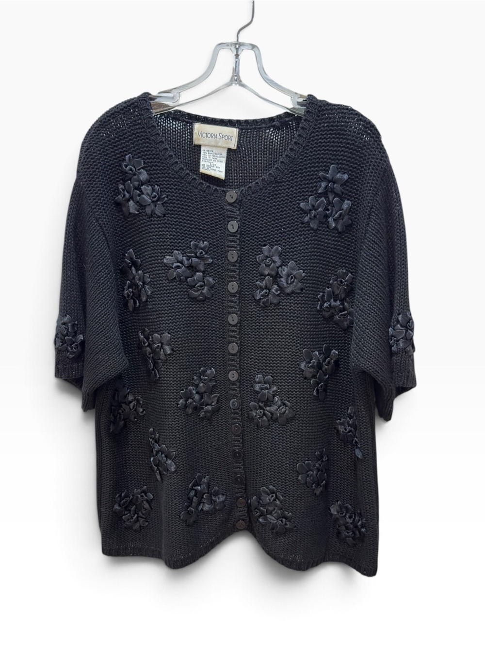 Vintage Victoria Sport Black Ribbon Embroidered Floral Knit Button Up Sweater